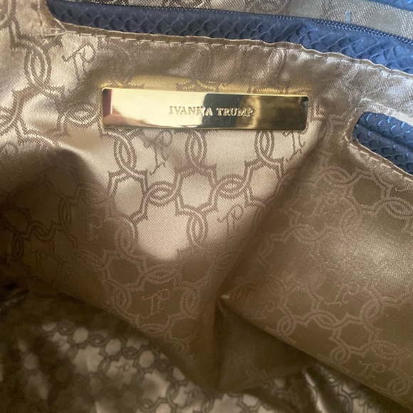 Ivanka Trump Blue Leather Tote Bag with Gold Detailing and Jacquard Interior - Picture 3 of 4